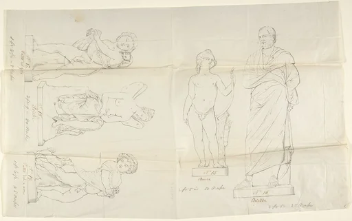 Sketches of Five Statues:  Love, Aristides, Putto with a Cat, Psyche, and Putto with a Dog
