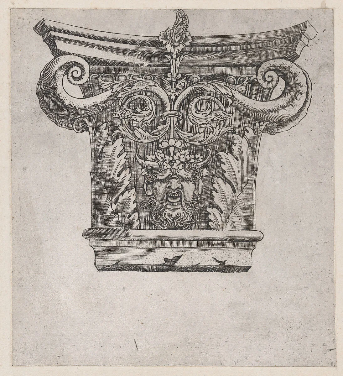 Speculum Romanae Magnificentiae: Capital with peapod volutes and satyr head — Monogrammist G.A. & the Caltrop