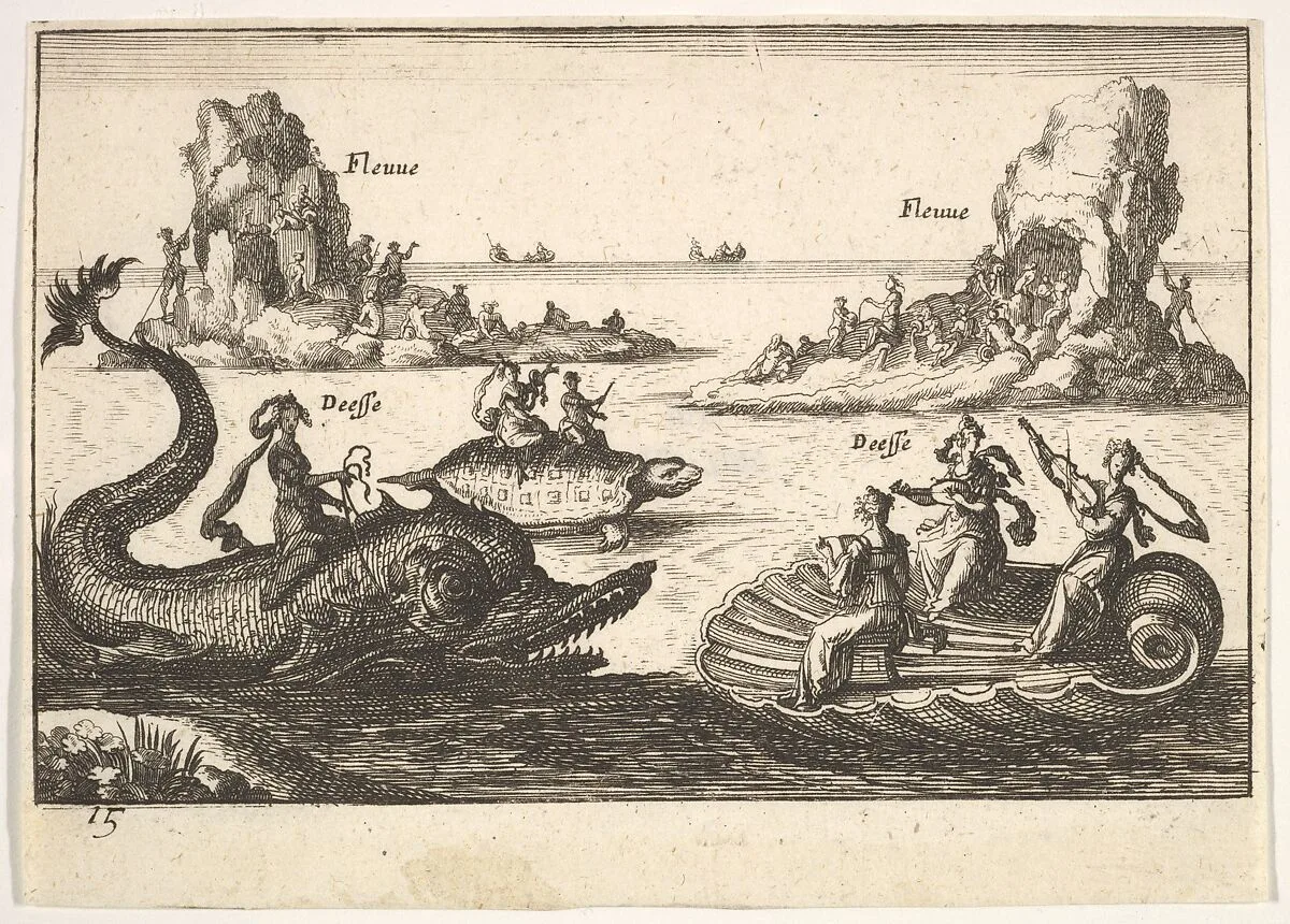 Plate 15: Rivers and goddesses, with floating islands guided by pole bearers, female figures seated on a dolphin and a tortoise, and three female musicians seated on a floating scallop shell , from the series 'The magnificent pageant on the river Arno in Florence for the marriage of the Grand Duke' (Le Magnifique carousel fait sur le fleuve de l'Arne a Florence, pour le mariage du Grand Duc), for the wedding celebration of Cosimo de' Medici in Florence, 1608 — Giulio Parigi|Anonymous|Remigio Cantagallina|Jean Sauvé