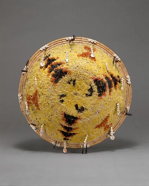 Fully feathered three-rod coiled plate-form basket — Pomo artist