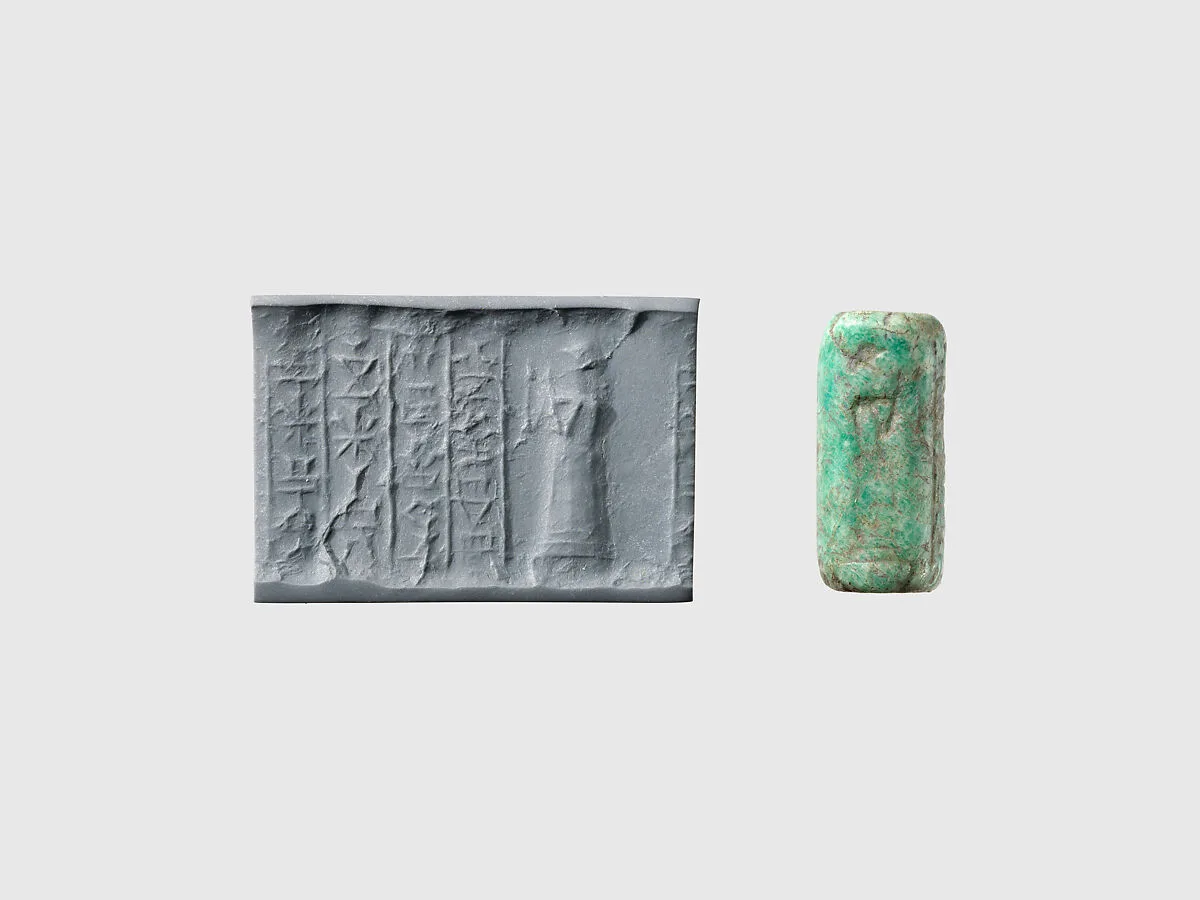 Cylinder seal and modern impression: suppliant goddess — Unknown