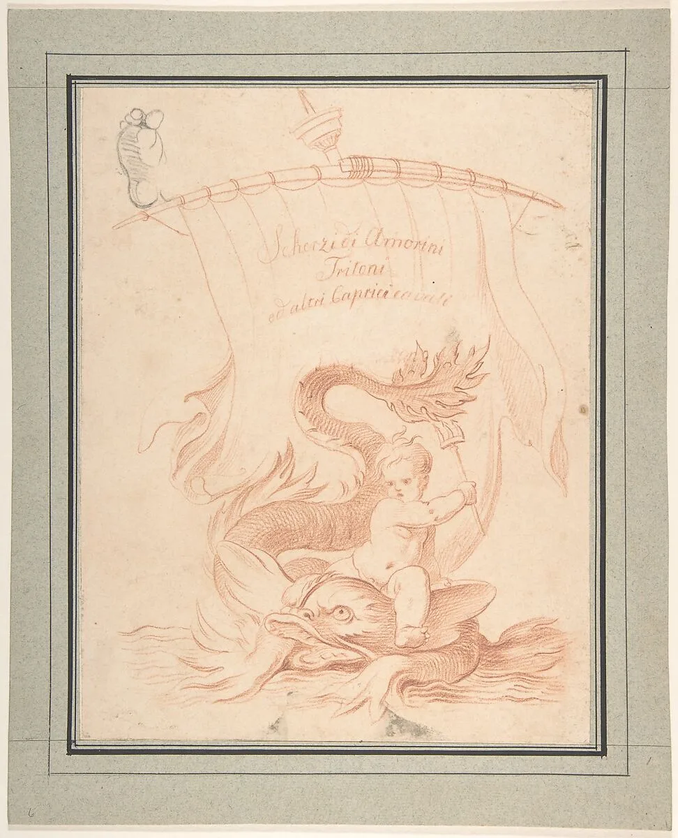 Drawing for Title-Page with Amorini Riding a Dolphin — Anonymous, Italian, Bolognese 18th century artist