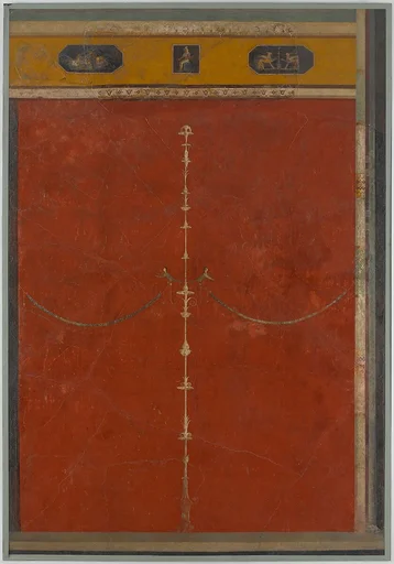 Wall painting on red ground: candelabrum with frieze, from the imperial villa at Boscotrecase