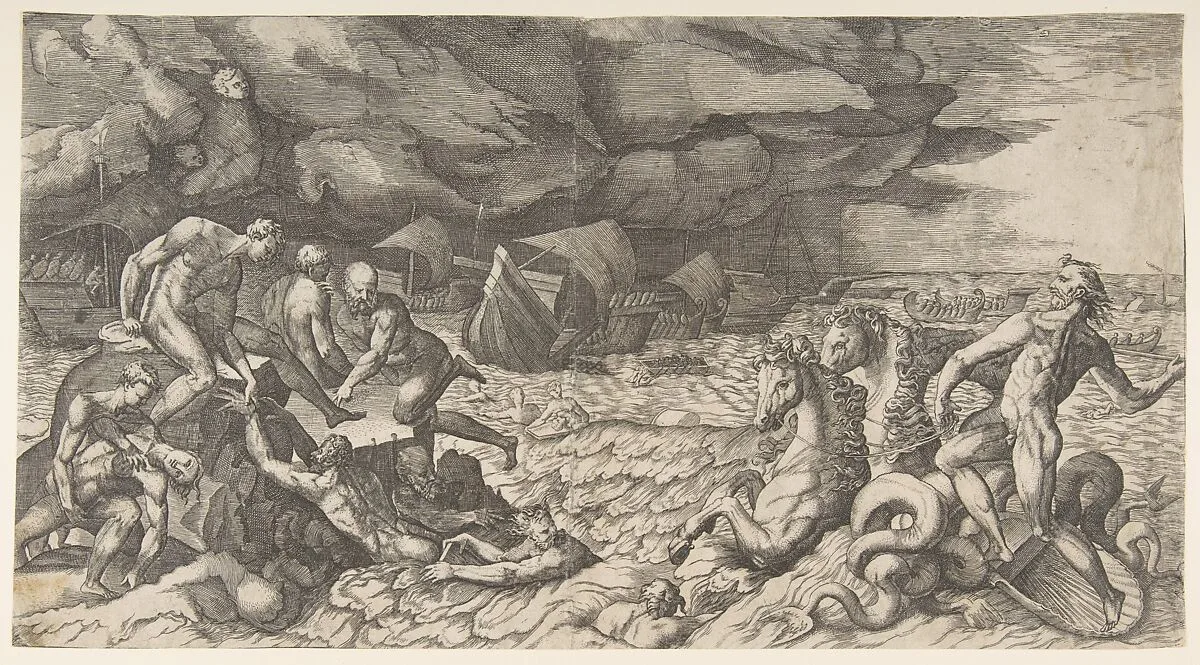 Neptune calming the Tempest Aeolus raised against the Fleet of Aeneas — Giulio Bonasone