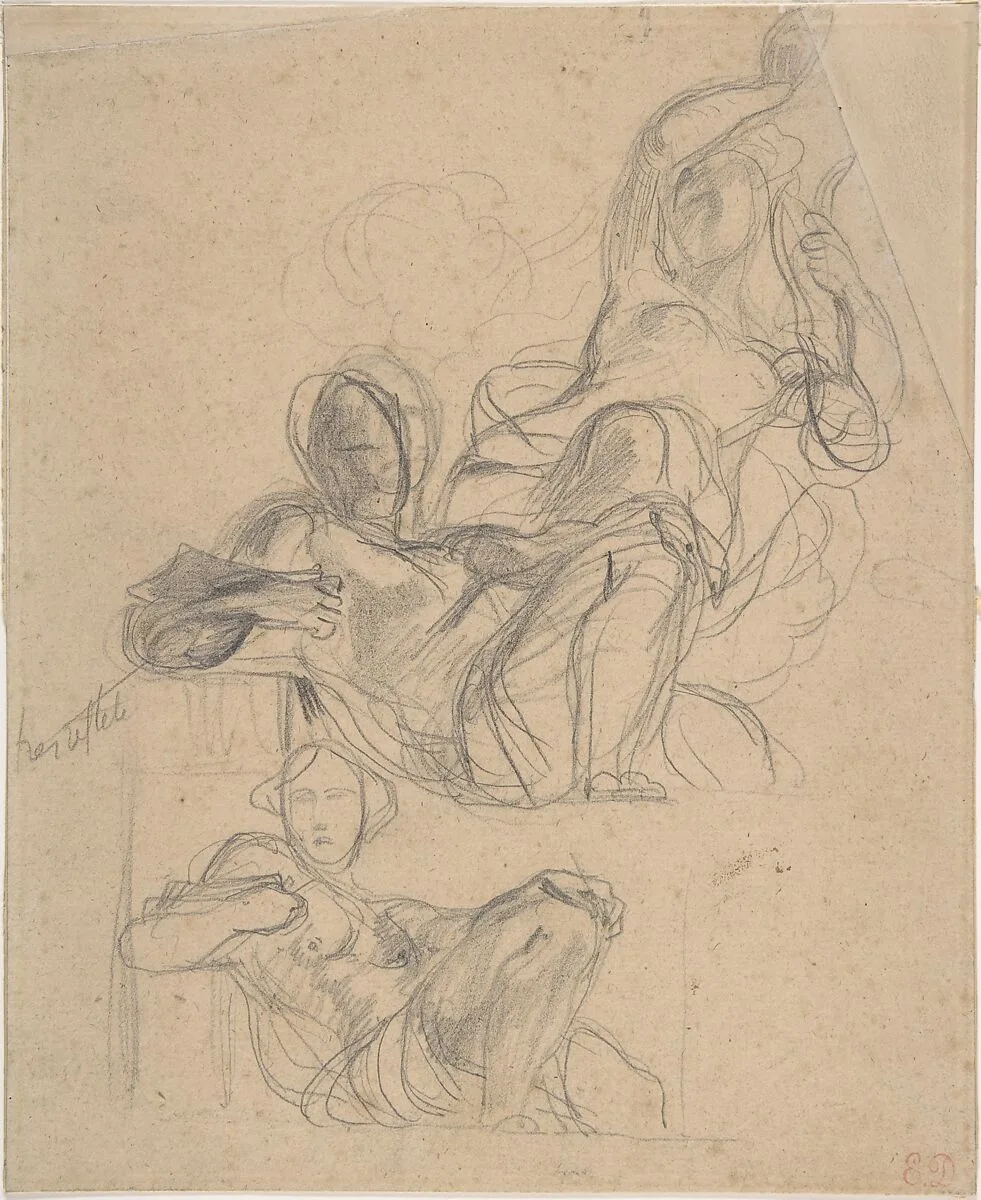 Sheet of figure studies: two studies of a reclining figure, and a seated figure holding a lyre (?). — Eugène Delacroix
