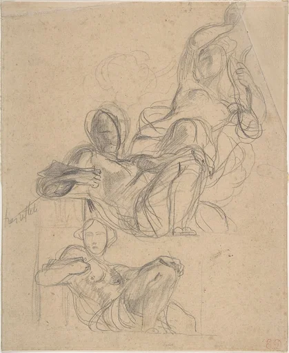 Sheet of figure studies: two studies of a reclining figure, and a seated figure holding a lyre (?).