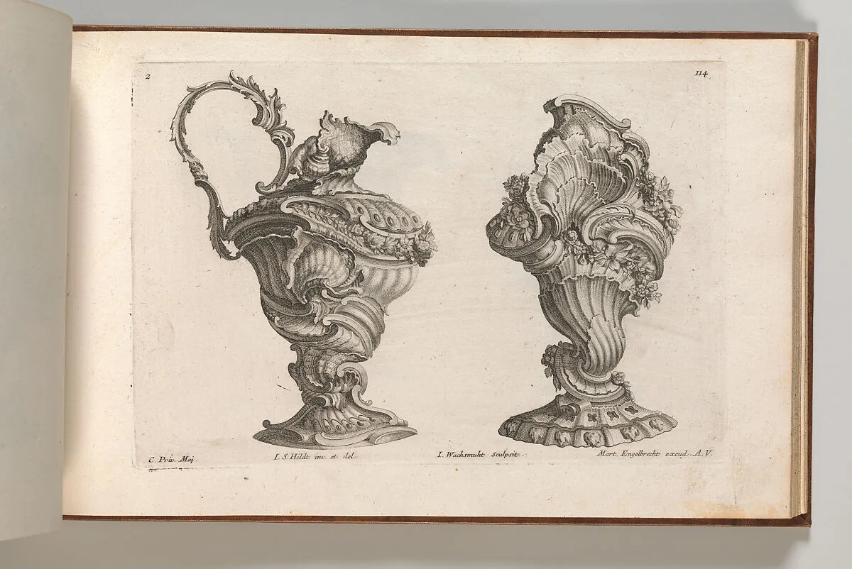 Designs for a Ewer and a Lidded Vase, Plate 2 from: 'Schöne und auf die neueste Facon inventierte Gefäße und Krüge' — I.S. Hildt|Martin Engelbrecht|Jeremias Wachsmuth