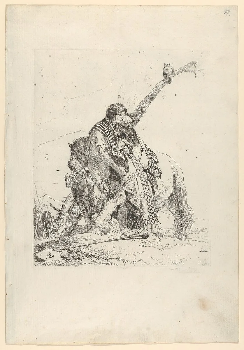 Three Men standing beside a Horse, from the Scherzi — Giovanni Battista Tiepolo