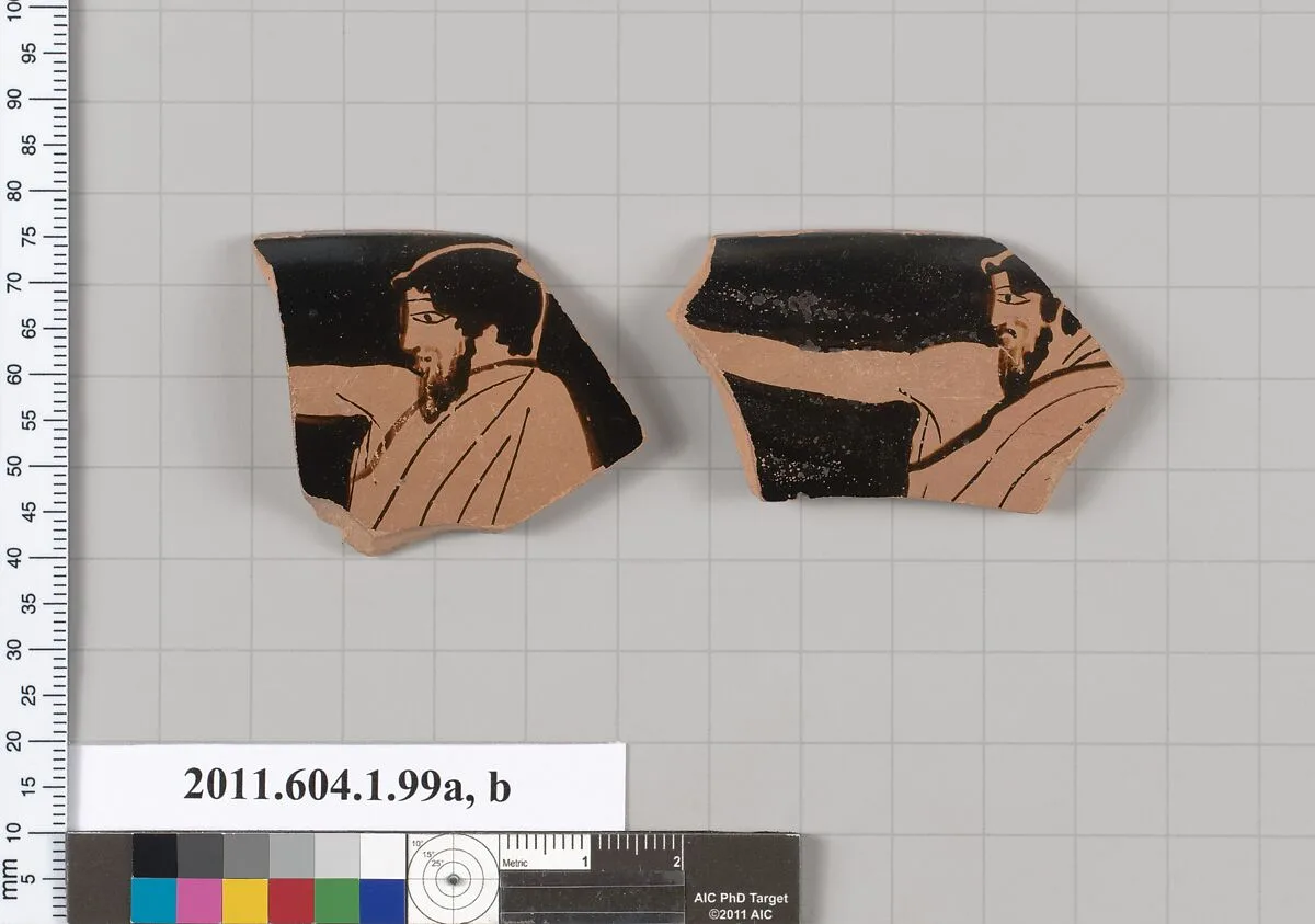 Terracotta rim fragments of a kylix (drinking cup) — Painter of London D 12