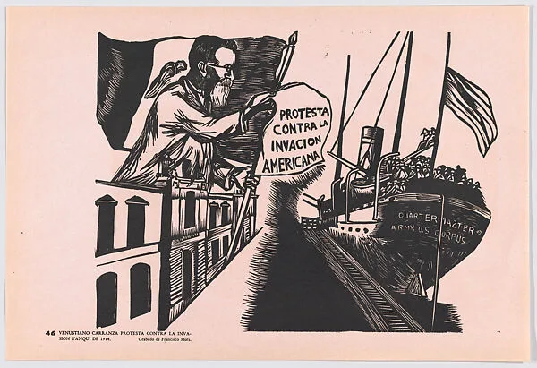 Plate 46: Venustiano Carranza protesting against the American invasion of 1914, from the portfolio 'Estampas de la revolución Mexicana' (prints of the Mexican Revolution) — Taller de Gráfica Popular|Francisco Mora
