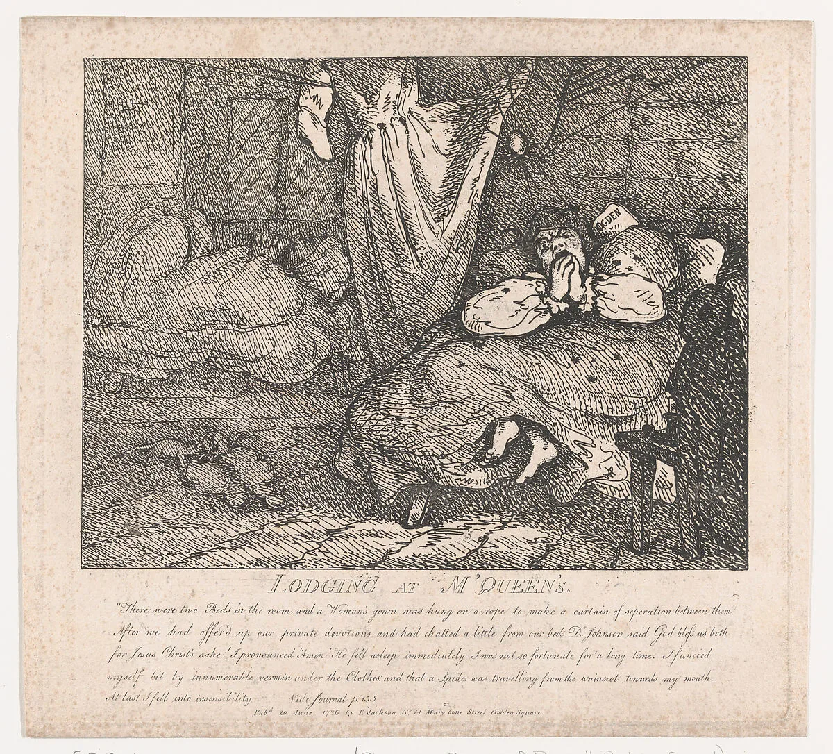 Lodging at M'Queen's (Picturesque Beauties of Boswell, Part the Second) — James Boswell|Elizabeth Jackson|Samuel Johnson|Samuel Collings|Thomas Rowlandson