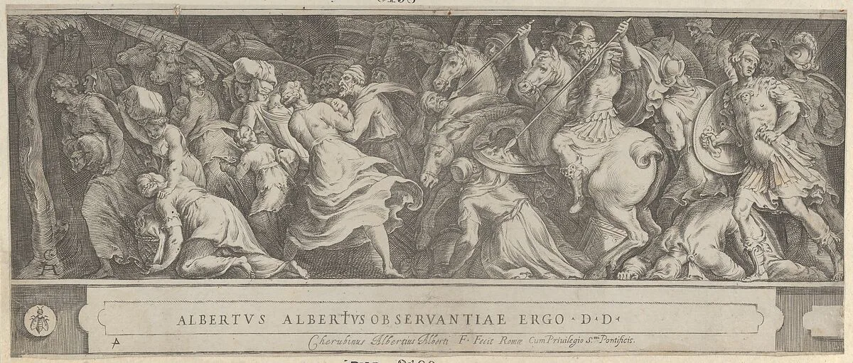The Triumph of Two Roman Emperors (left-hand side) with soldiers on horseback and men, women, and children fleeing — Cherubino Alberti (Zaccaria Mattia)|Polidoro da Caravaggio