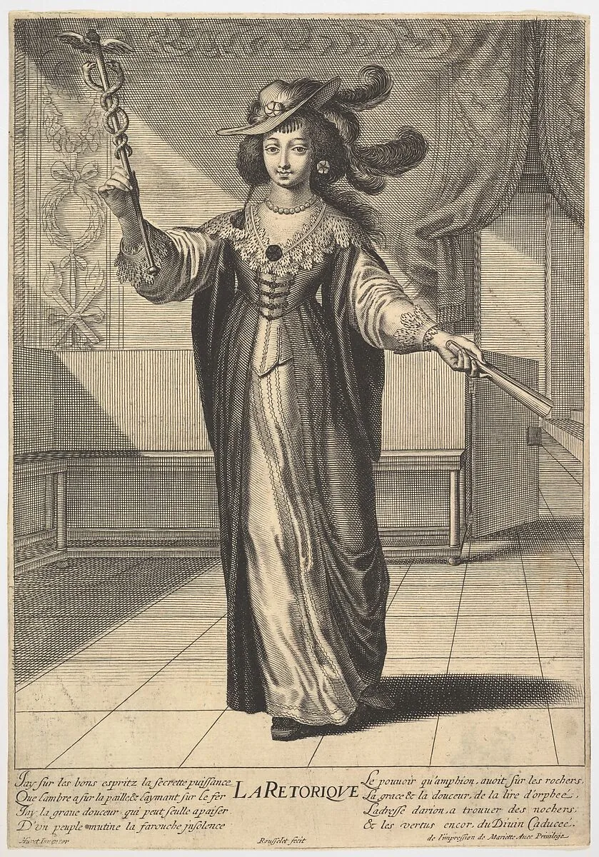 Rhetoric: a young woman standing in a decorated interior with a caduceus in her right hand and a closed fan in her left hand, from "The liberal arts" (Les arts liberaux) — Gilles Rousselet|Grégoire Huret|Pierre Mariette