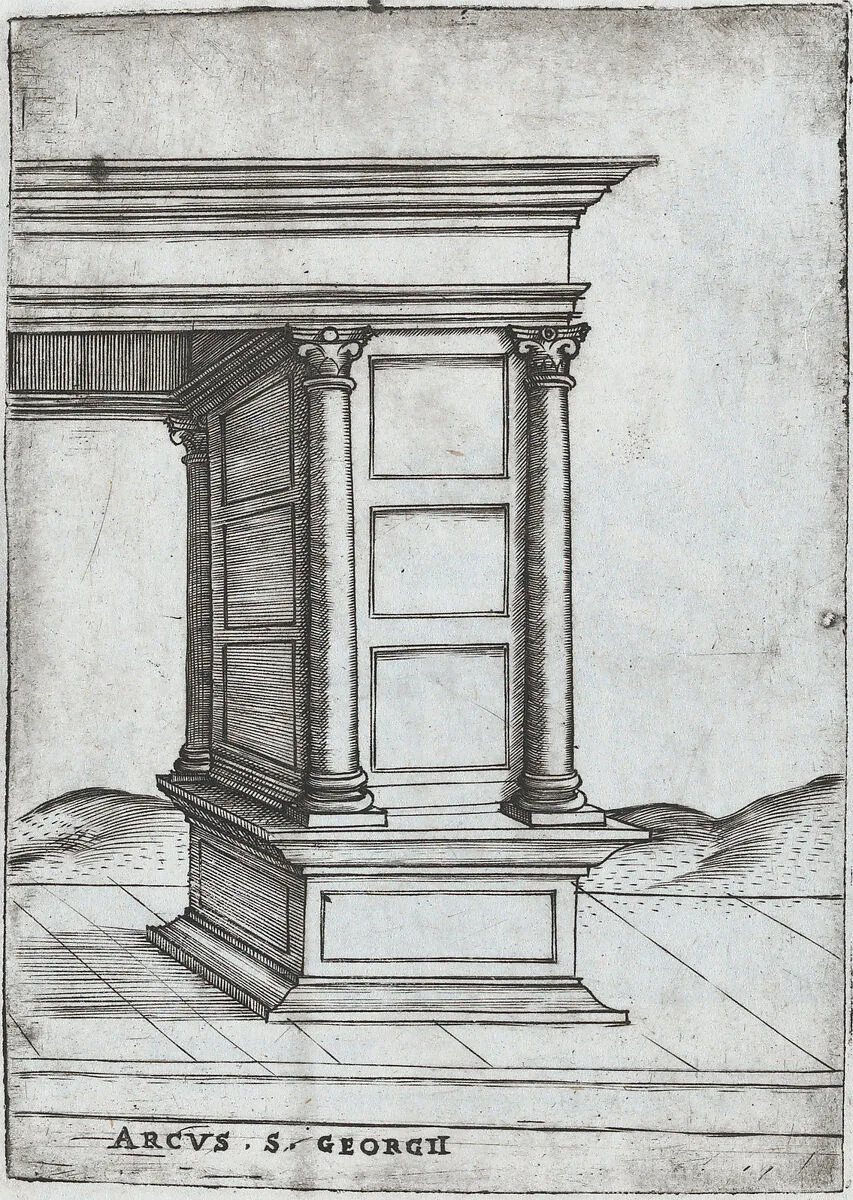 Arcus in Provincia, from a Series of Prints depicting (reconstructed) Buildings from Roman Antiquity — Monogrammist G.A. & the Caltrop