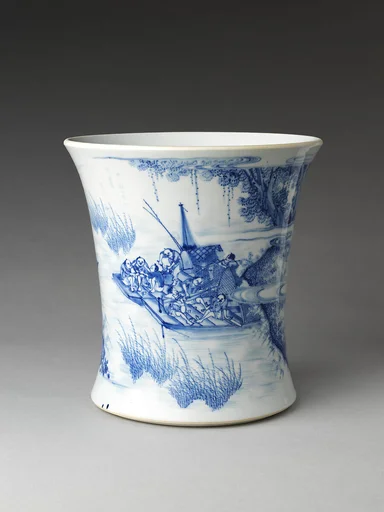 明末/清初 景德鎮窯青花水滸故事圖筆筒|Brush holder with scene of Wang Qing crossing the river from The Water Margin (Shuihu zhuan)
