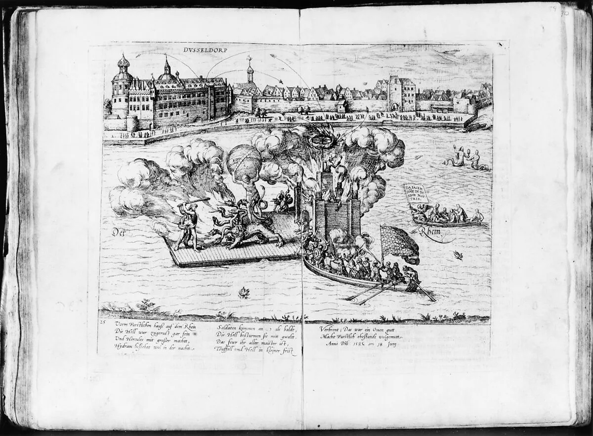 Fvrstliche Hochzeit ... Wilhelm Hertzog zu Gulich, Cleue und Berg, ... und Frewlin Jacobae gebornen Marggraffinen zu Baden.. , Dußeldorff Anno Dni. 1585 am 18. Junij — Frans Hogenberg|Dietrich Graminaeus