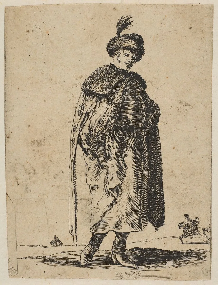 Polish man with a mustache wearing a fur coat and a hat with a feather — Stefano della Bella