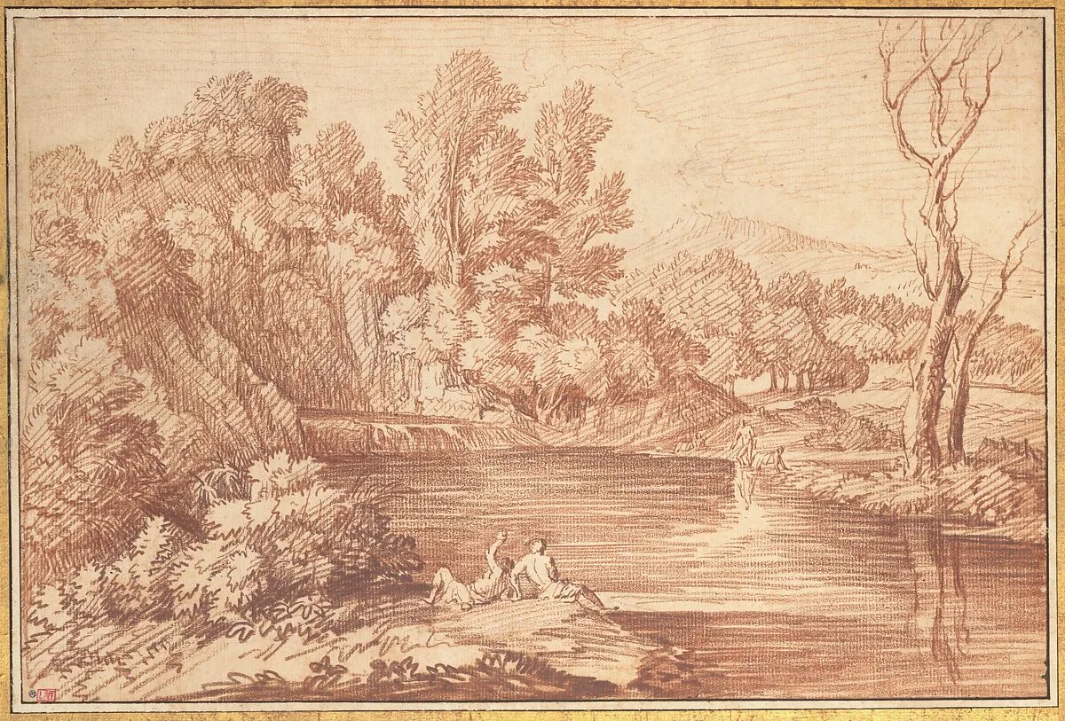 Landscape with Figures on the Bank of a River — Gaspard Dughet