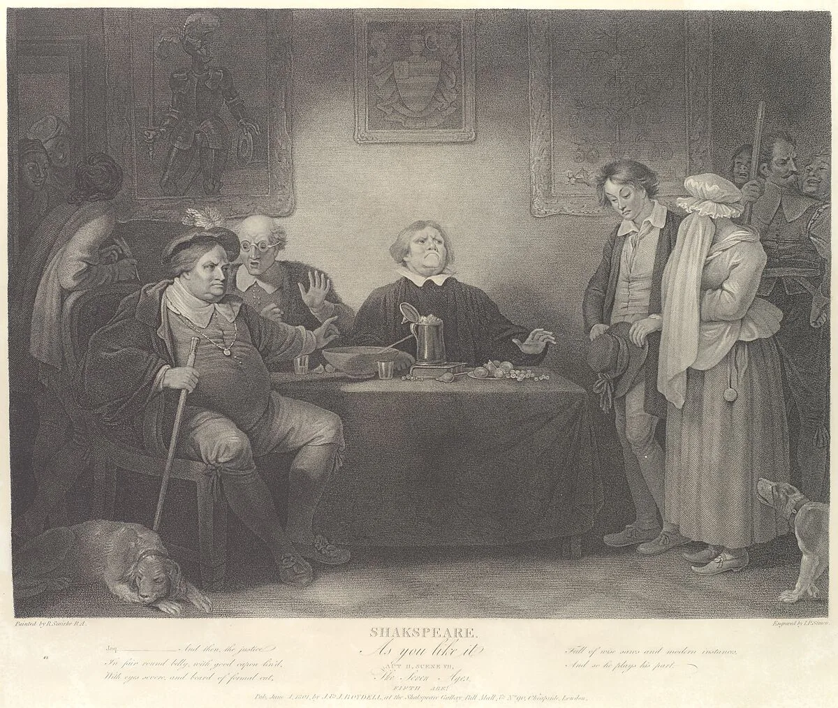 The Seven Ages, Fifth Age: The Justice (Shakespeare, As You Like It, Act 2, Scene 7) — Sir Robert Smirke|John & Josiah Boydell|Peter Simon|William Shakespeare|Shearjashub Spooner