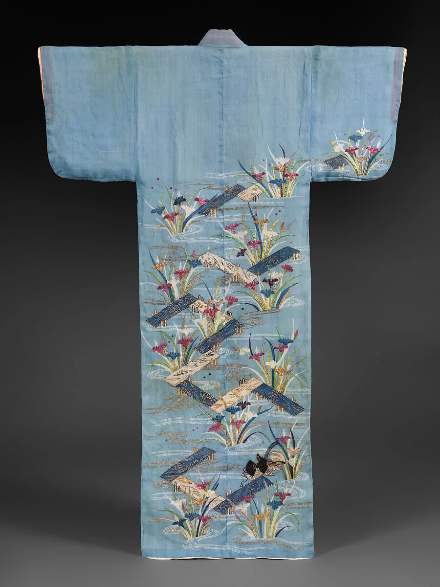 浅葱麻地八橋模様帷子|Summer Robe (Katabira) with Irises at Yatsuhashi — Unknown