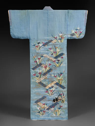 浅葱麻地八橋模様帷子|Summer Robe (Katabira) with Irises at Yatsuhashi