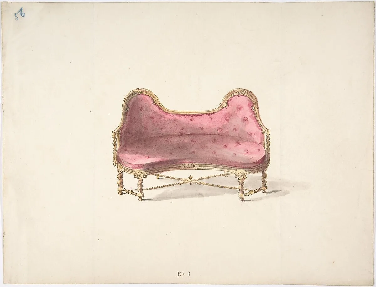 Design for a Double Hump-backed Sofa with Turned Legs and Arms, with Red Tufted Upholstery — Anonymous, British, 19th century