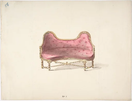 Design for a Double Hump-backed Sofa with Turned Legs and Arms, with Red Tufted Upholstery