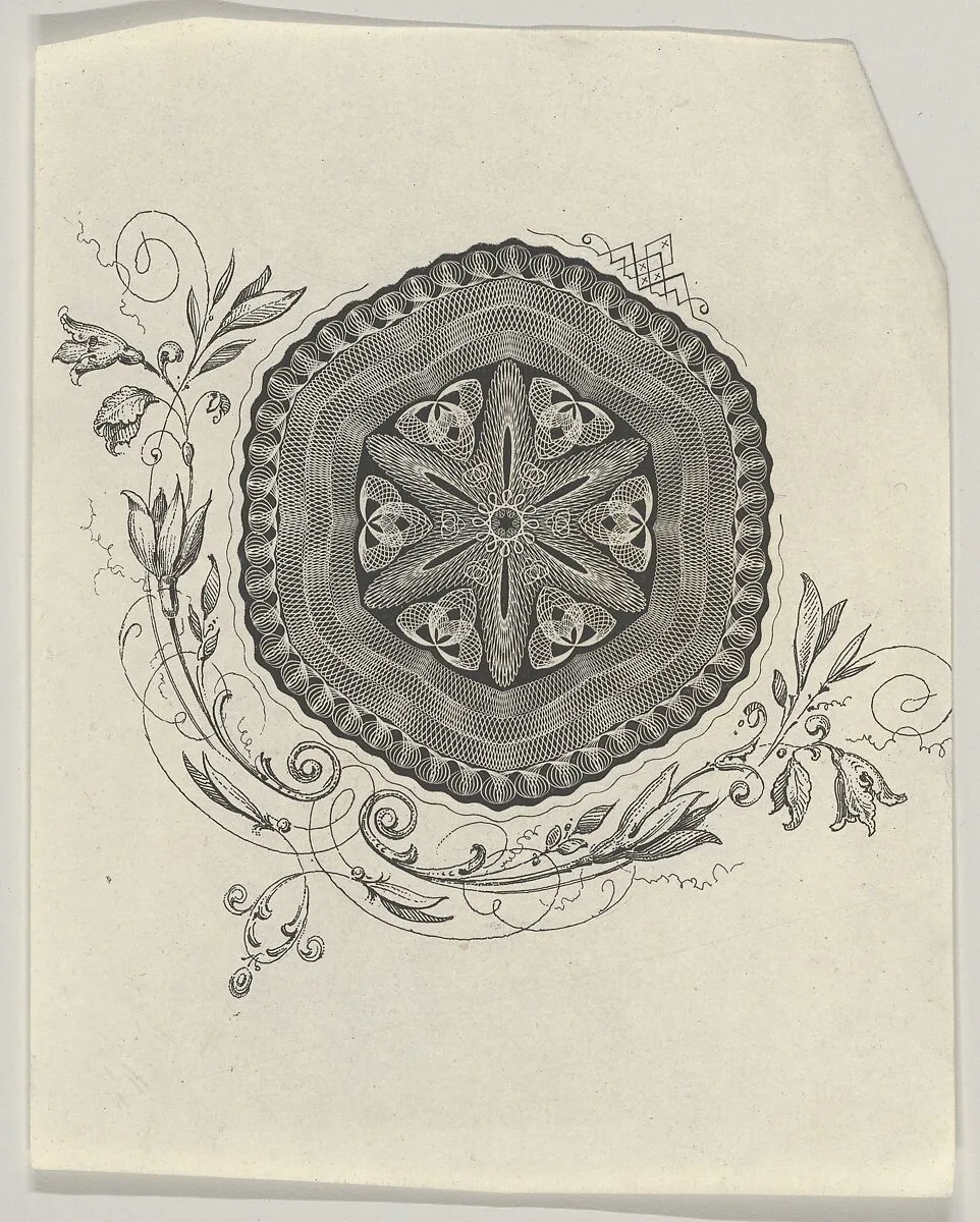 Banknote motif: hexagonal ornament with rippled edges with a pointed star at its center and flowers and leaves below — A. B. & C. Durand & Company|Durand, Perkins, and Company|Cyrus Durand