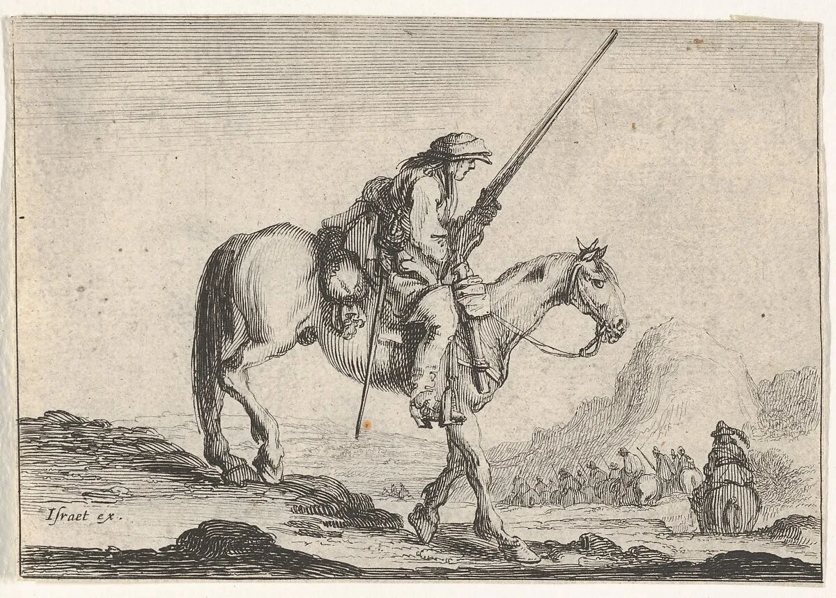 Plate 12: A soldier on horseback, holding a musket in his right hand, in profile descending a slope towards the right, other soldiers on horseback to right in the background, from 'Various Figures' (Agréable diversité de figures) — Stefano della Bella|Israël Henriet|Claude Goyrand