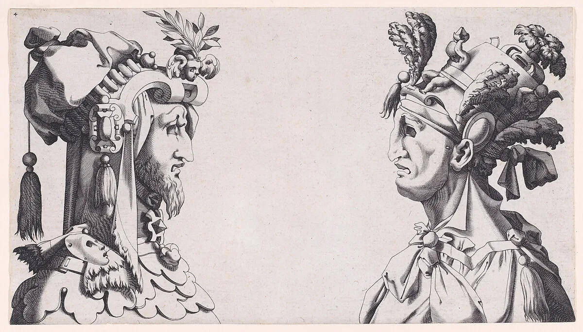 Two Male Busts with Head-dresses for the Ballet — René Boyvin|Rosso Fiorentino