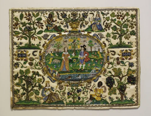 Lady and cavalier surrounded by the four continents