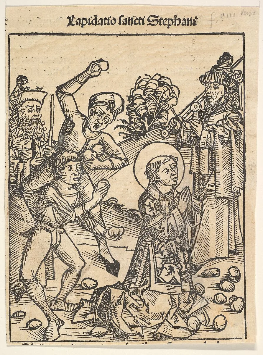 The Martyrdom of St. Stephen, from The Nuremburg Chronicle, folio 103 — Anonymous, German, 15th century