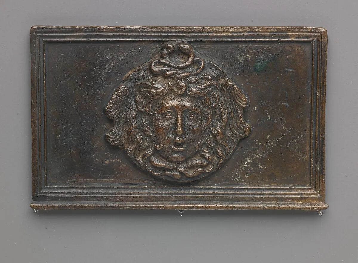 Side panel of a writing box (decorated with Medusa mask) — Severo Calzetta da Ravenna