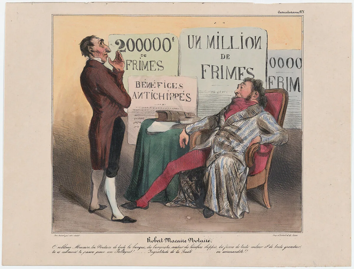 Plate 5: Robert Macaire as notary public, from 'Caricaturana,' published in Les Robert Macaires — Aubert et Cie|Junca|Charles Philipon|Honoré Daumier