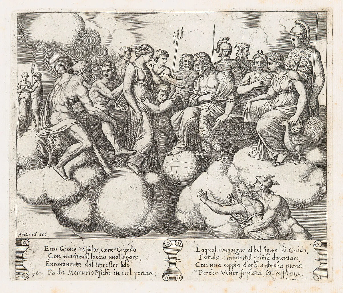 Plate 30: Venus and Cupid pleading their case before Jupiter and other Gods with Mercury transporting Psyche to the heavens at lower right, from "The Story of Cupid and Psyche as told by Apuleius" — Antonio Salamanca|Master of the Die|Michiel Coxie (I)