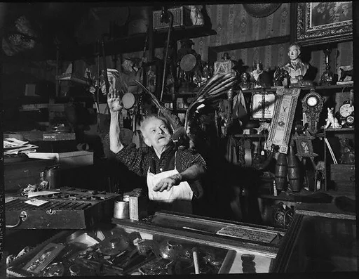 [Junk Shop Owner with Parrot on Shoulder, Williamsburg, Brooklyn]