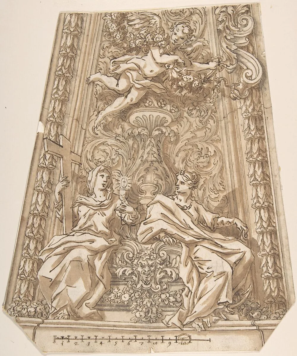 Design for a Dome Compartment with Figures of Faith and Hope — Anonymous, Italian, Roman-Bolognese, 17th century
