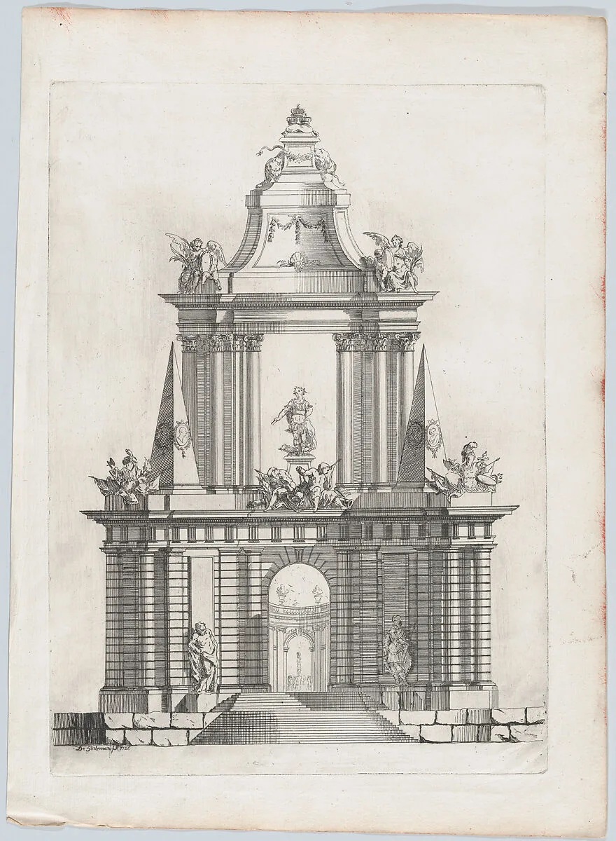 Triumphal arch with three crowns at top, a fountain in the distance — Carl Hårleman
