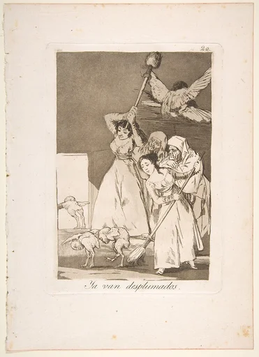 Plate 20 from "Los Caprichos": There they go plucked (i.e. fleeced) (Ya van desplumados)
