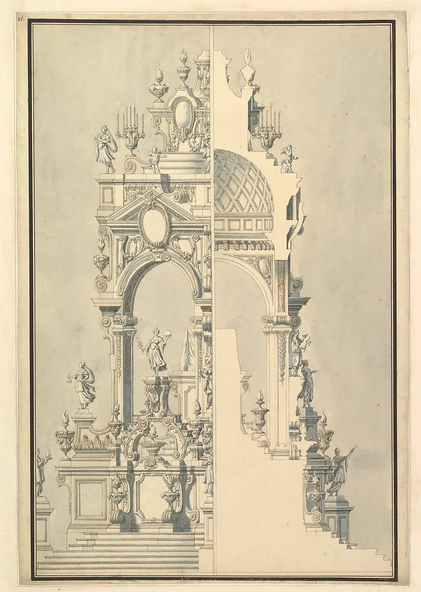 Half Elevation and Half Section of Catafalque for a Duchess of Hanover, probably Sophia (1630-1714) — Giuseppe Galli Bibiena