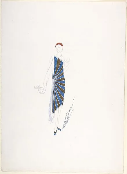 Design for Beaded Dress in Blue and Gold Panels Fanning Out from the Hip for "Manhattan Mary," Majestic Theater, New York — Erté (Romain de Tirtoff)