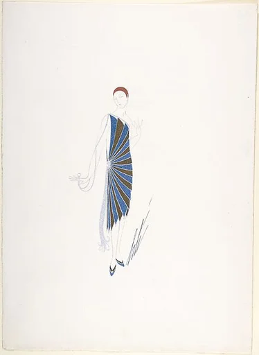 Design for Beaded Dress in Blue and Gold Panels Fanning Out from the Hip for "Manhattan Mary," Majestic Theater, New York