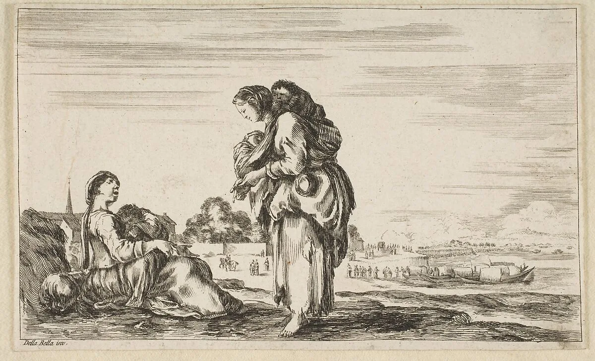 A woman seated to left holding a child, facing right in profile, conversing with a standing woman in center, carrying one child on her back and another in her arms, a church to left in background and boats to right in background, from 'Various figures and lands' (Diverse figure e paesi) — Stefano della Bella