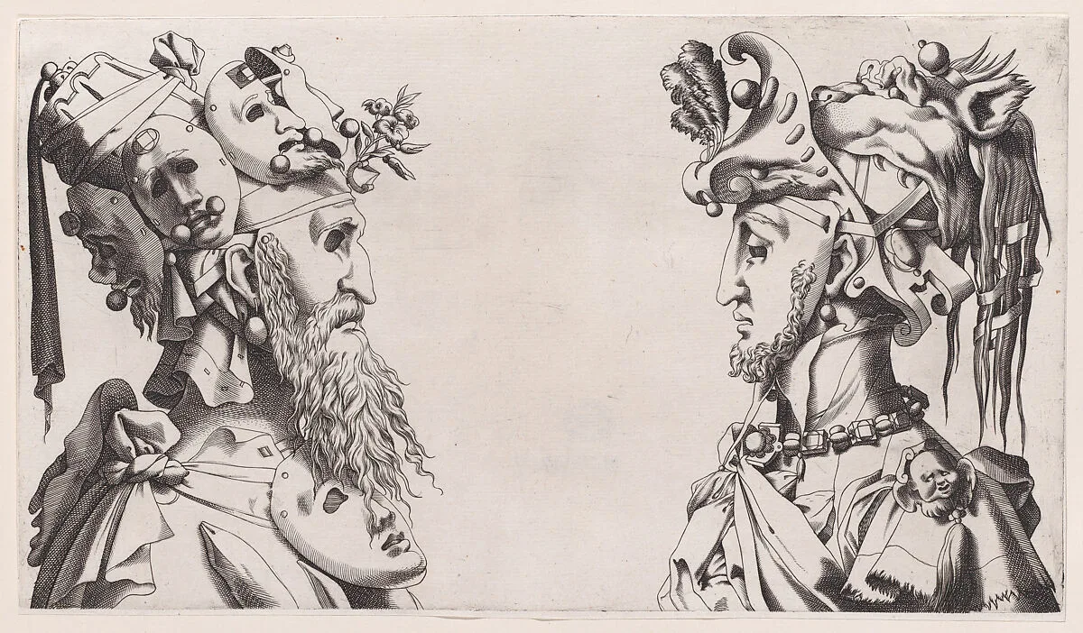 Two Fantastical Masked Masculine Heads — Anonymous, 16th century|René Boyvin|Rosso Fiorentino