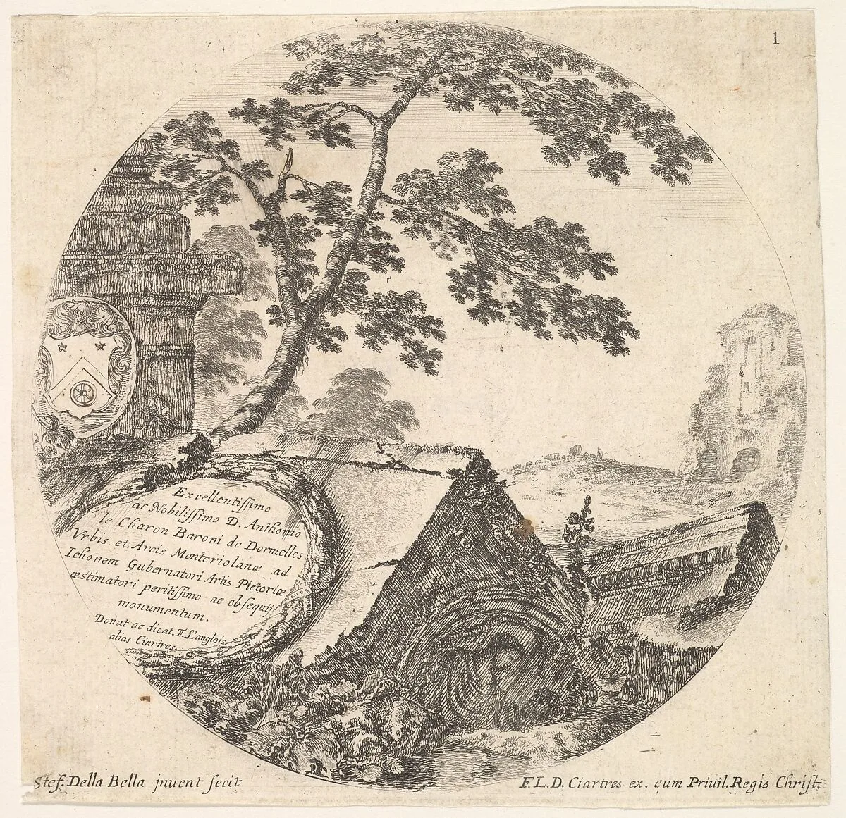 Plate 1: various fragments of ancient monuments, a round composition, from 'Roman landscapes and ruins' (Paysages et ruines de Rome) — Stefano della Bella|François Langlois