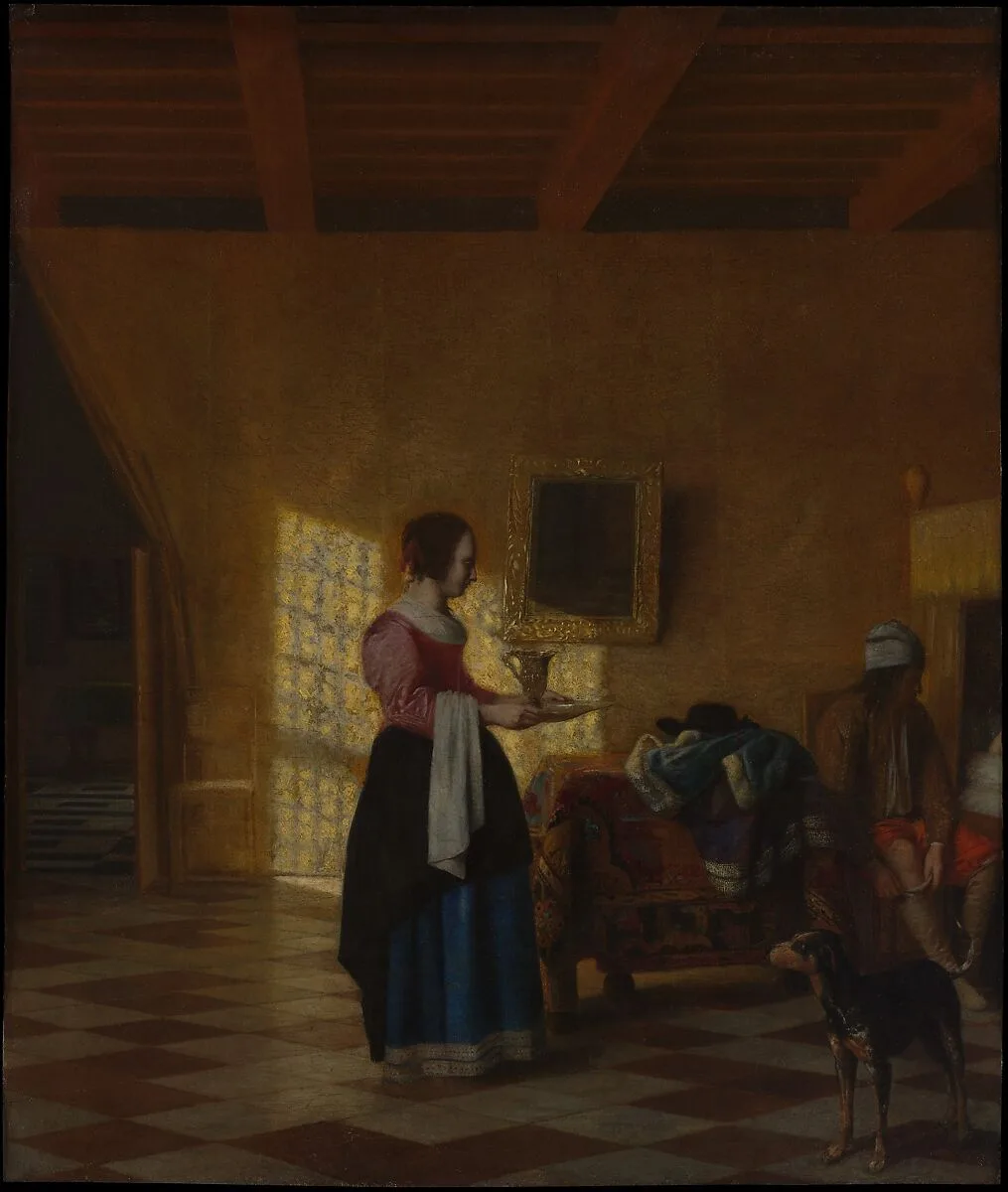 Woman with a Water Pitcher, and a Man by a Bed — Pieter de Hooch