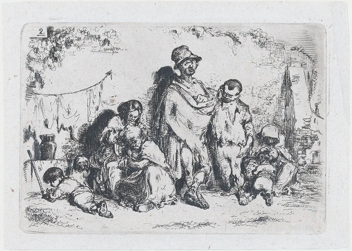Plate 2: a group of people in the street, possibly beggars, from the series of customs and pastimes of the Spanish people — Francisco Lameyer y Berenguer