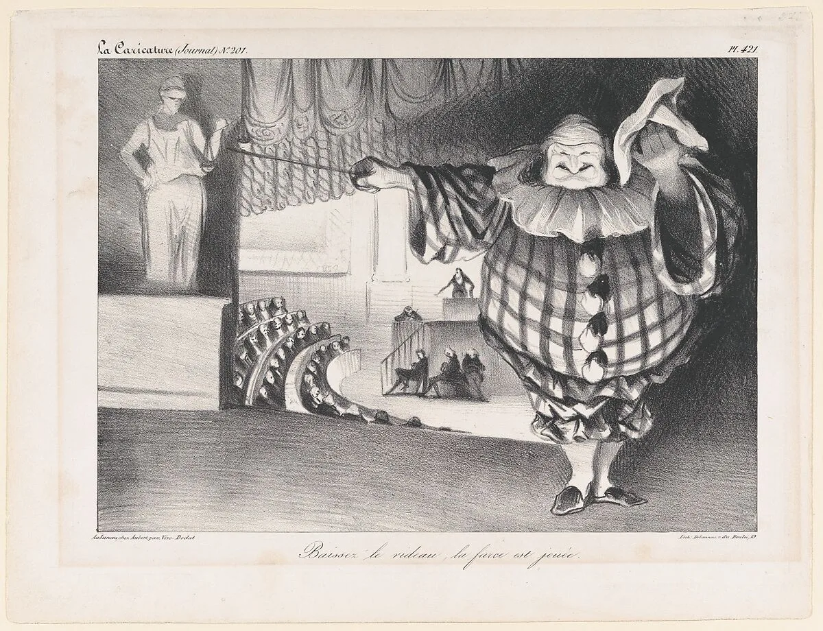 Baissez le Rideau, La Farce est Jouée (Bring Down the Curtain; the Farce is Over), published in La Caricature no. 201, September 11, 1834 — Honoré Daumier|Aubert et Cie|Delaunois