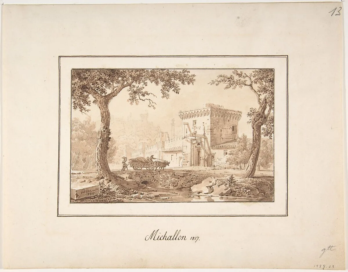 Oxcart Approaching a Fortified Building — Achille-Etna Michallon