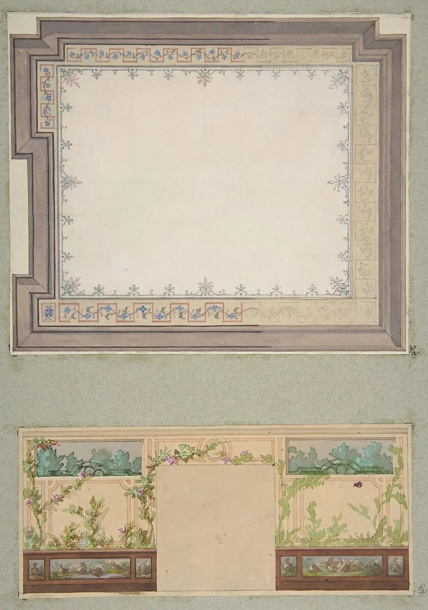 Designs for the ceiling and wall of a room decorated with waterbirds and flowering vines — Jules-Edmond-Charles Lachaise|Eugène-Pierre Gourdet